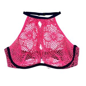 Victoria's Secret Lace High Neck Halter Bralette Neon Pink 32B Very Sexy NWT